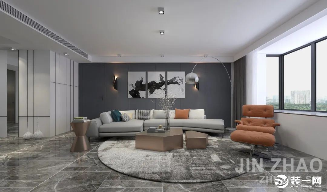 无主灯设计，空间视觉更辽阔，采光特别好，橙色沙发椅和抱枕点亮空间的额色彩，增添活力。