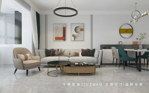 客厅整体保持纯粹的用色，优雅的灰搭配纯净的白，亮色装饰画点缀其中打破纯色背景墙的单调。