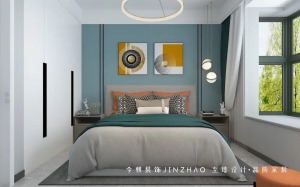 卧室以蓝白灰为主，高级灰蓝背景墙点缀色彩装饰画，对称的床头布置给人舒适感。