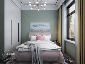 次卧，作为女儿房，色彩上更加清新自然，浅绿色背景墙搭配粉色床，舒适温馨。