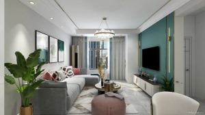 客厅绿色调背景墙、灰色布艺沙发、金属质感的茶几等，众多时尚元素融合在一起，打造了一个极具小资范的客厅