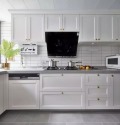 厨房做了L型的橱柜布局，以灰色和白色为主的厨房，搭配绿植、金属元素作为点缀，给人一种年轻大方的感觉。