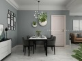 整体墙面大都粉刷了灰绿色的乳胶漆，搭配上浅灰色地面、简约家具以及适当的绿植点缀，呈现清新、优雅的氛围