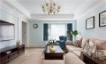 客厅整体以淡蓝色与白色为基调，营造清新明净的空间氛围。
