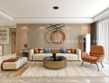 沙发墙在硬包基础，加入颜色鲜艳的大尺寸装饰品，靠放一张米白色布艺沙发，整个空间给人的感觉就是从容舒适