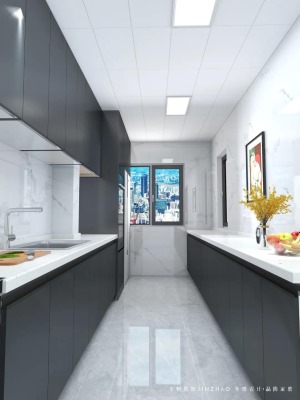 浅灰色地砖搭配白色墙砖和顶面，干净简洁，冷灰调橱柜与冰箱颜色一致更有质感。