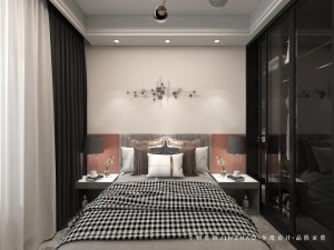 柔和粉色墙面+白色半墙设计，与灰色的床品形成颜色的互补，更加温柔惬意。