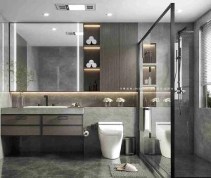 深灰色瓷砖和棕色浴室柜，更有质感也耐脏，整面墙中间做壁龛延伸至淋浴区，大大增加了储物空间。
