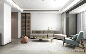 浅灰色的布艺沙发与原木材质很好地融合，整体色彩也是采用白色+灰色+原木色为主，打造简洁柔和的气氛。