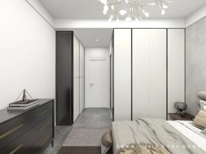 卧室以现代极简的空间，床头墙以简约灰色的简洁设计，一排简洁的黑白色衣柜，营造出简单舒适而实用的氛围。