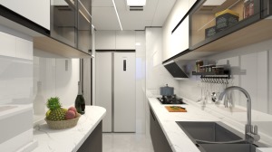 厨房整体以白色为基调，吊柜地柜颜色用对比色更有反差感。