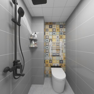卫生间配以灰色墙砖更有质感，配以花片，小空间内也灵活跳动起来。