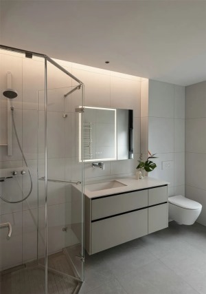 卫生间以灰、白色作为主色调，呈现出静洁的洗浴环境。