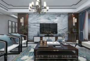 整体色调充满了渐变的新中式风格蓝色元素，布置上新中式装修风格的家具。