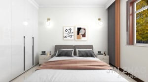 卧室偏向现代简约风，整体浅色调，温馨柔和，灰色、橙色拼色窗帘时尚高级。