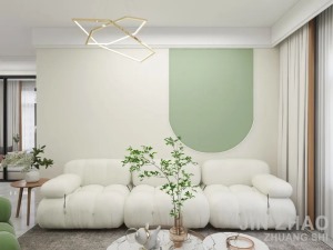 沙发背景墙淡绿色U型色块装饰平淡的墙面，有趣又浪漫。