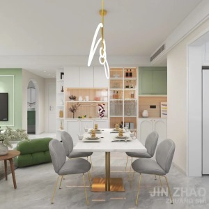 餐厅与客厅相连，简单的灰白色系餐桌椅，简洁大方，金属质感的吊灯浪漫有情调。