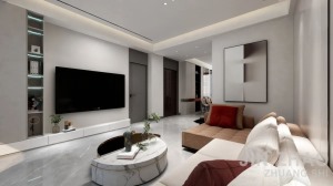 客厅方正，设计展示柜与次卧室门相协调，沙发可以考虑L型沙发或者组合式沙发 ，比例尺寸合适。