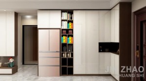 L型玄关柜，增加储物功能，靠门的一侧是鞋柜，往外是储物柜，因其厨房空间较小，冰箱放在了外边更合适。