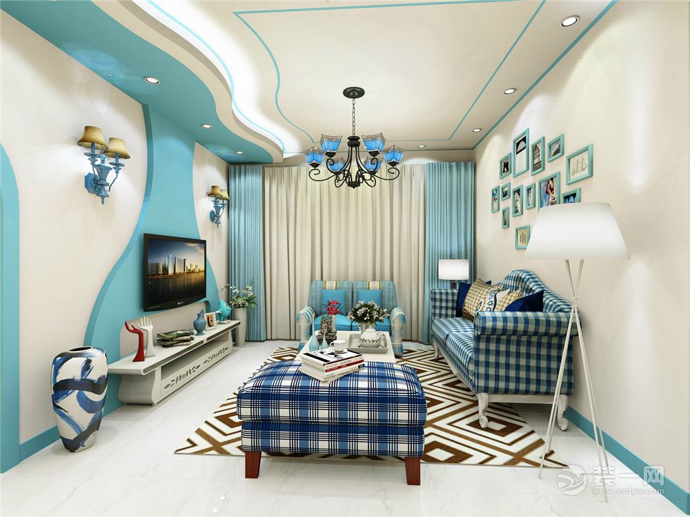 利用白色和蓝色打造充满古希腊气息的地中海风格客厅。不管怎么搭配都有特别的感觉，任何一位客人来访都称赞