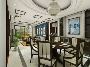 客餐厅无明显分界，统一现代中式风格，灯饰和背景墙、挂画的搭配提升业主的高雅品味