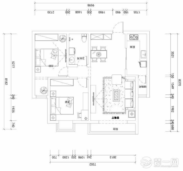 此戶型是兩室一廳，兩個臥室全部向南，采光較好，比較適合一家三口居住。