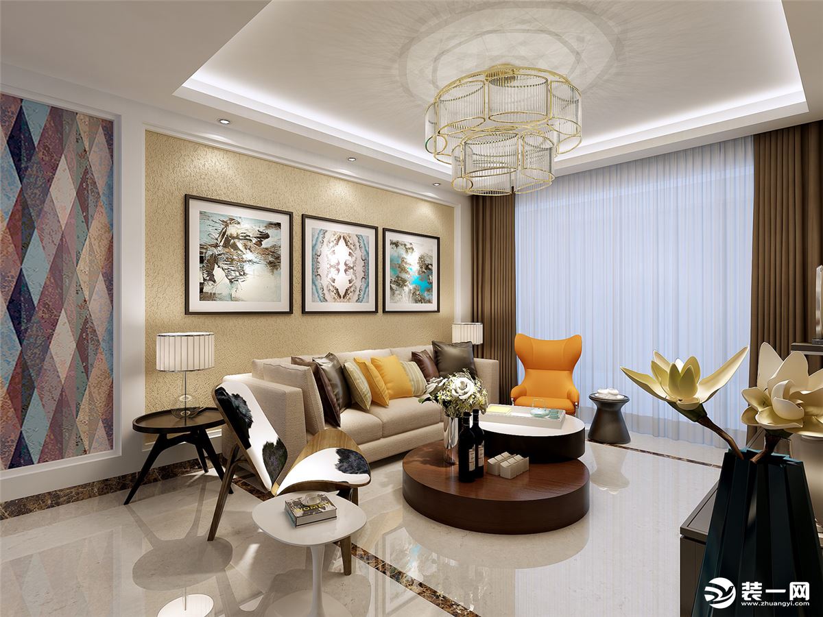 西安今朝装饰设计公司 万景荔知湾128平米现代简约风格 现代简约沙发背景墙设计