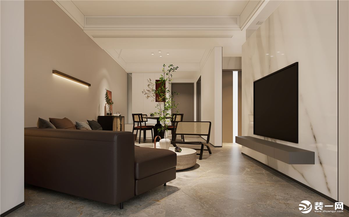 客厅的设计，摒弃了华而不实的造型，用当下最流行的水墨白岩板作为电视背景，而映衬的沙发背景用“淡雅”的