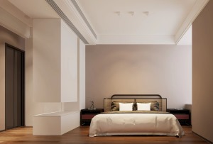 卧室内的衣柜设计更突显人性化，中空的衣柜弥补了置物空间的不足；深色的木地板与与整体色调完美融入，更显