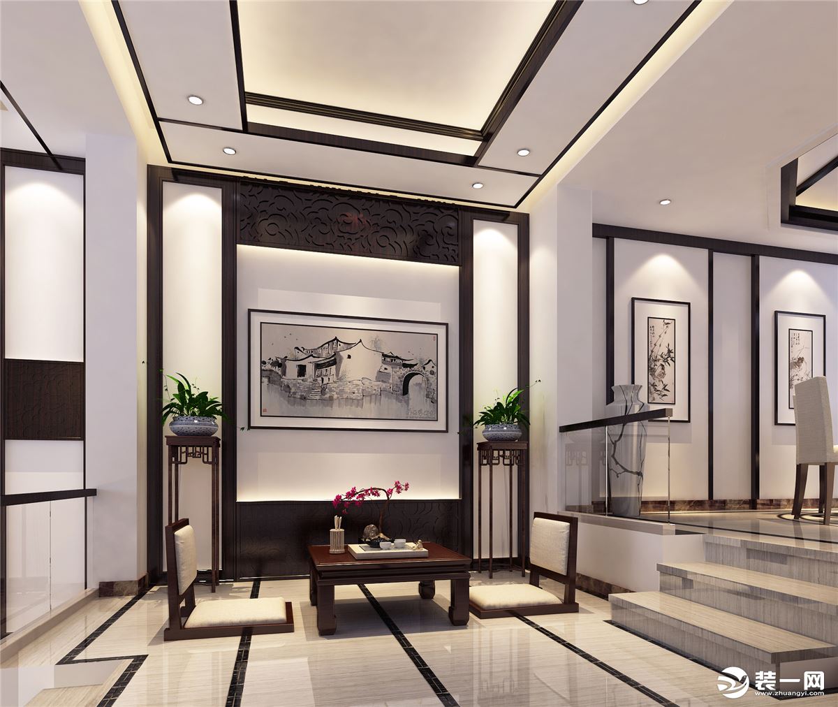 【苏州东易日盛】300平米新中式风格别墅客厅装修效果图