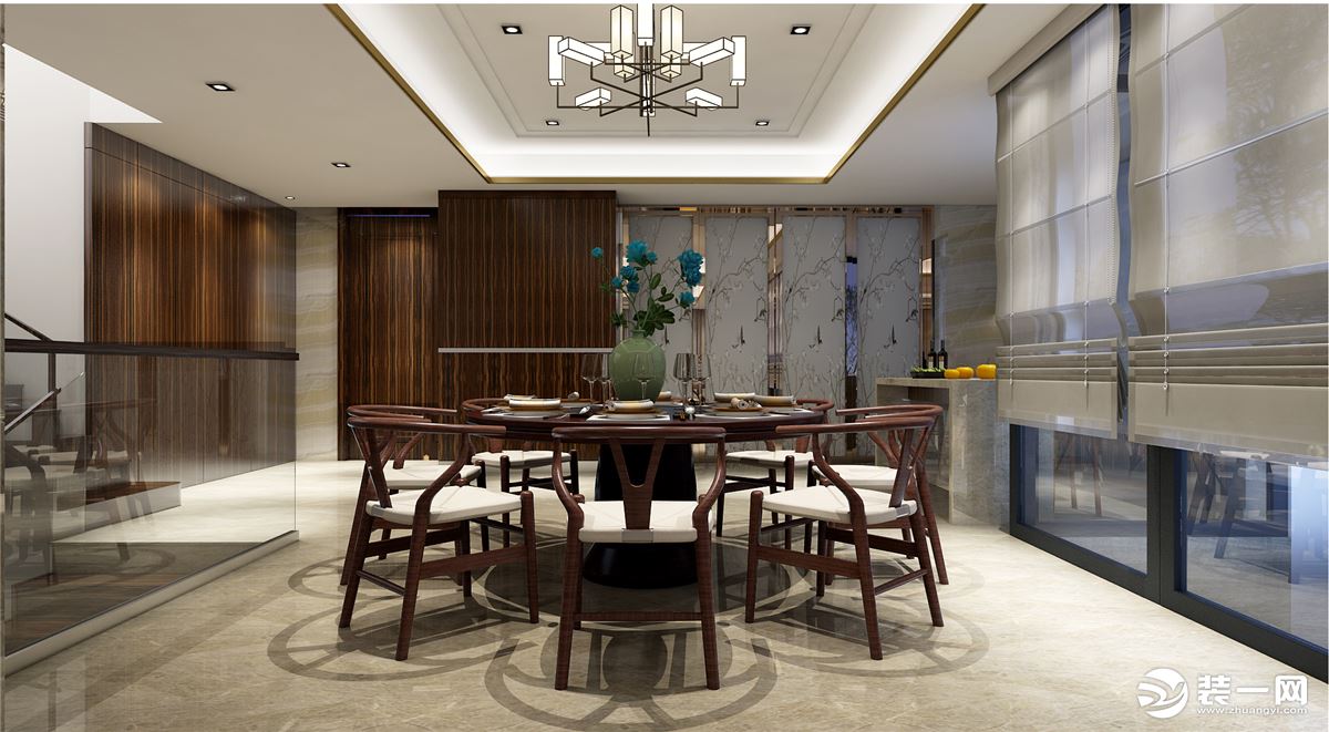 【苏州东易日盛】600㎡中航·樾玺新中式风格别墅餐厅装修效果图