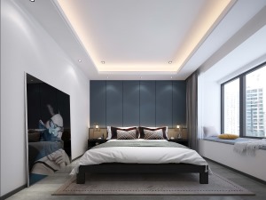 臥室除了休息睡覺外，也有舒緩情緒的作用，因此空間布局以及色彩搭配十分重要。臥室采用了比較柔美的自