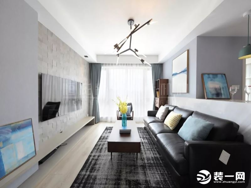 金属色皮质沙发为整个客厅空间增添了质感，浅蓝色的点缀作用，让原本纯粹的色彩有了一丝清新感。家具的每一