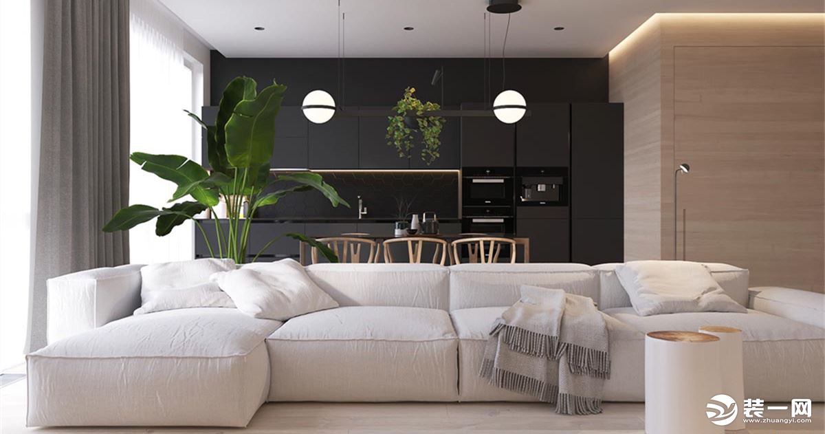 纯白色的沙发，视觉上感受到蓬松与柔软，在客厅摆放着，背后盆栽的摆放，给简单的客厅增添了一丝自然感