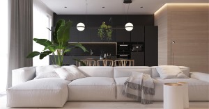 纯白色的沙发，视觉上感受到蓬松与柔软，在客厅摆放着，背后盆栽的摆放，给简单的客厅增添了一丝自然感