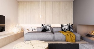 客厅以木元素的打造，木色与灰色的搭配，视觉上感觉温暖与放松。