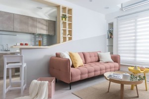 客厅处加入了粉色、作为点缀，选择了暖灰色作为背景的，让这个客厅的饱和度得以提高，看起来自然也就更温馨