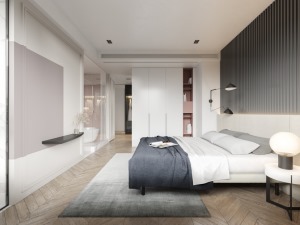 卧室没有过多的搭配，白色与灰色的搭配，加入粉色的点缀，增添了一丝优雅浪漫。