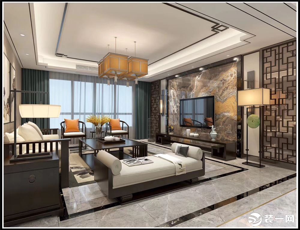 亿润领域西安紫苹果装饰120平米三室两厅新中式风格装饰装修案例