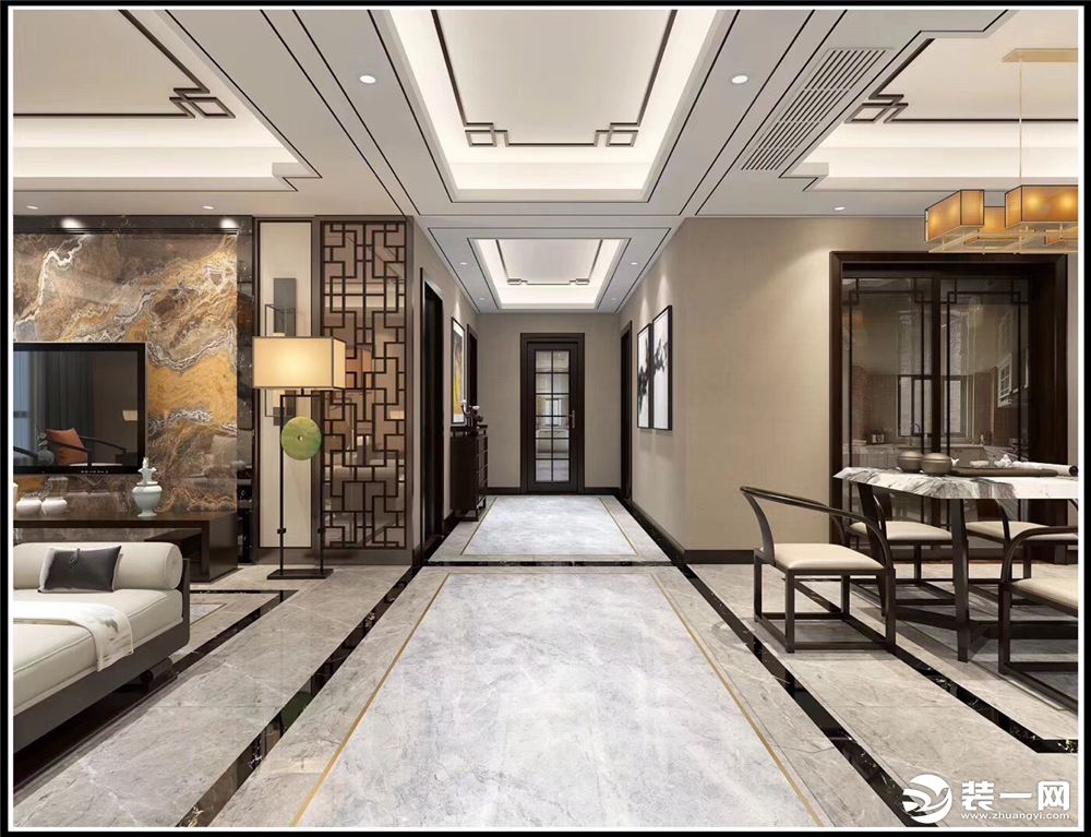 陕西紫苹果装饰城西亿润领域120平米三室两厅新中式风格装饰装修案例