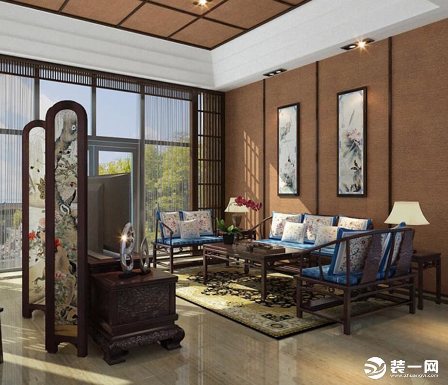 西安紫苹果装饰125㎡三室两厅新中式风设计-客厅设计效果图