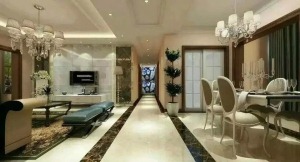 锦绣山河134平三居室欧式风格装修效果 -客厅+餐厅+走廊