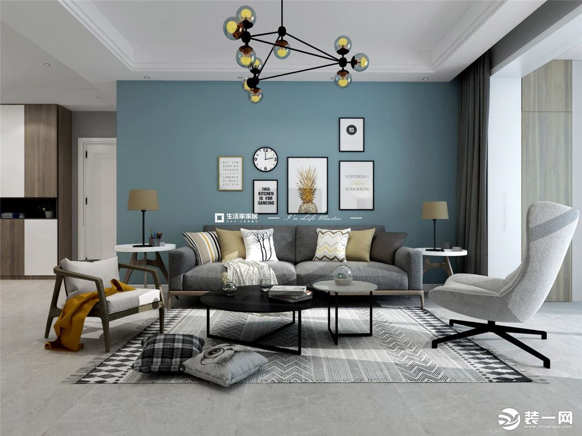 沙发背景墙颜色采用静谧的雾霾蓝，是现在家具装饰十分受欢迎的颜色，几幅不规整的画框装饰，显得随意又休闲