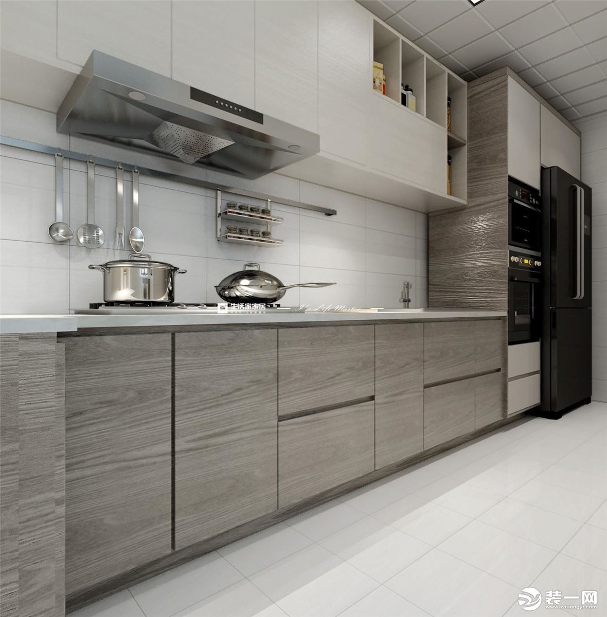 采用一字型的橱柜和吊柜，冰箱、微波炉等厨房电器也采用了内嵌式的方法，节省了厨房空间