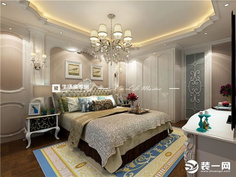 卧室顶部都是做石膏角线，主卧以温馨为主色调，使空间很舒适，白灰色的床品干净利落。
