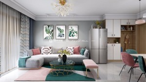 休息沙发是灰色系的三人座，整个背景也是选择灰色装饰，并挂了北欧风格艺术挂画。