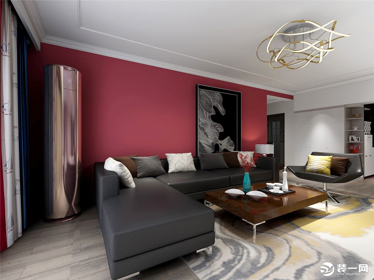 空间采用绛红色的沙发背景墙和黑色的皮质大沙发搭配，巨幅落地画沟通了二者，使得整个搭配自然协调，电视墙
