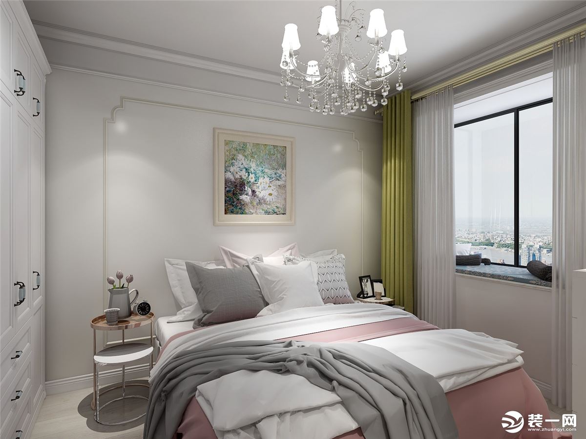 卧室造型简洁，整体以白色为主调，墙面喝顶面饰以石膏线条，流畅雅致