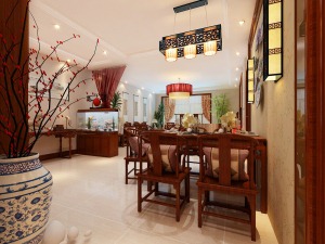 青島曉港名城三居168中式風格 小餐廳 餐廳壁畫 餐廳吊燈