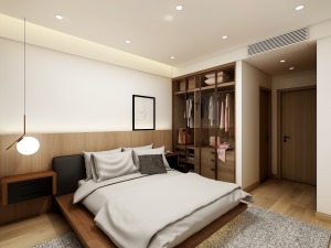 主卧室设计一切都是满足客户睡眠的需求，尽量提高房间的舒适性。整体延续客厅风格，以白色和原木色为主色调